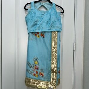 Designer Digital Print Silk Sari With Golden Sequin Border With Blouse